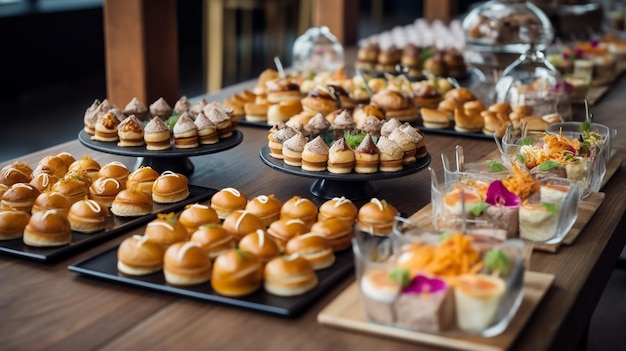 Mesa buffet con mini hamburguesas para una boda de lujo