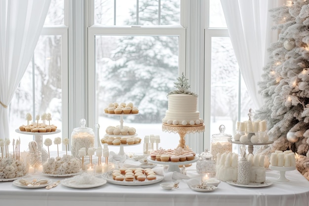 una mesa de buffet de postre aireada y brillante con un pastel