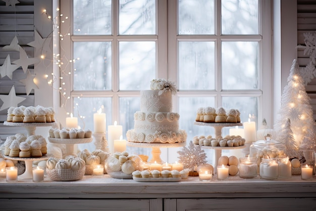 una mesa de buffet de postre aireada y brillante con un pastel