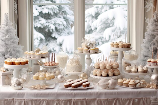 una mesa de buffet de postre aireada y brillante con un pastel