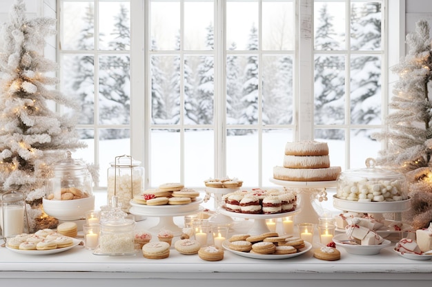 una mesa de buffet de postre aireada y brillante con un pastel