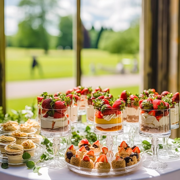 Mesa de buffet de postres de fresa comida catering para bodas y celebraciones navideñas postres de fresas en un jardín campestre ai generativo