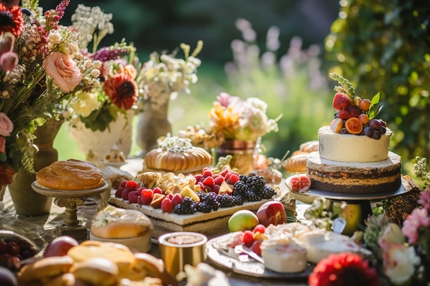Mesa de buffet de postres otoñales comida para eventos catering para bodas y celebraciones navideñas pasteles dulces y postres en el jardín de otoño ai generativo