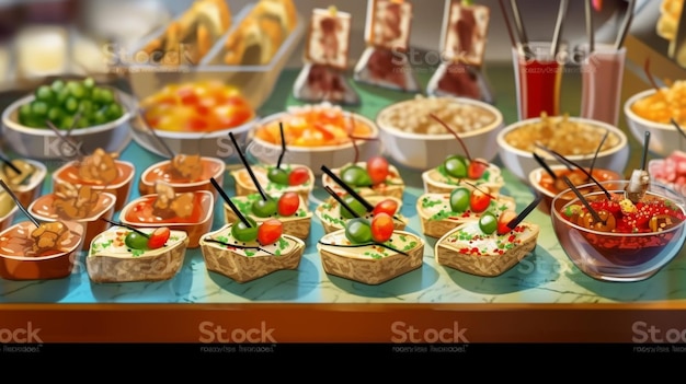 Foto mesa buffet surtido de canapés servicio de banquete en restaurante catering comida snack ia generativa