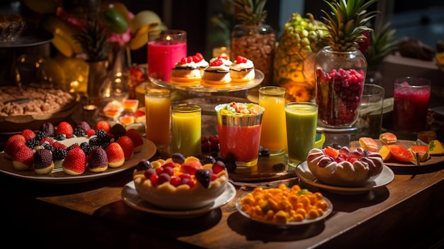 Una mesa de buffet con una variedad de frutas y bebidas.