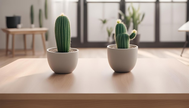 una mesa con un cactus y otras plantas en ollas