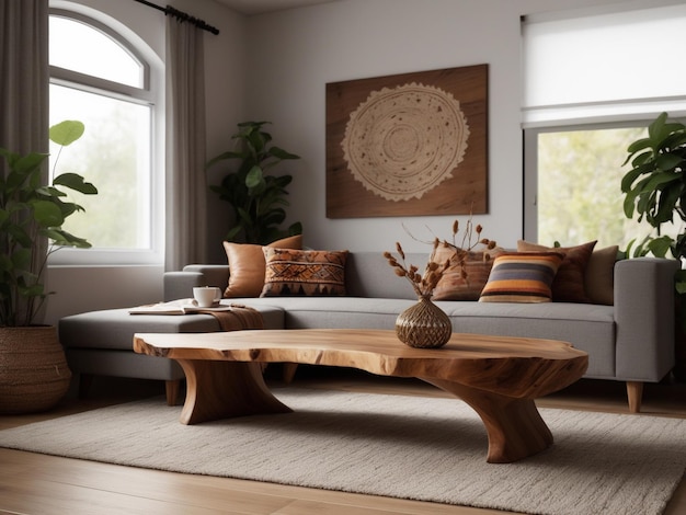 Foto mesa de café de borde vivo con jarrón de cerámica cerca del sofá diseño interior de casa étnica boho