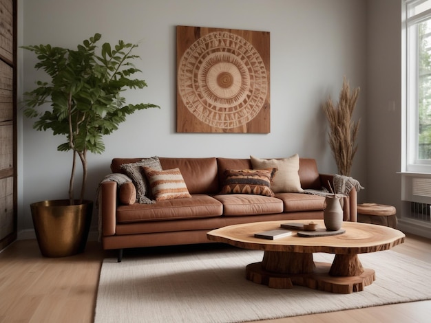 Foto mesa de café de borde vivo con jarrón de cerámica cerca del sofá diseño interior de casa étnica boho