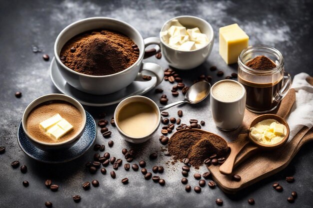 una mesa con café café café y café