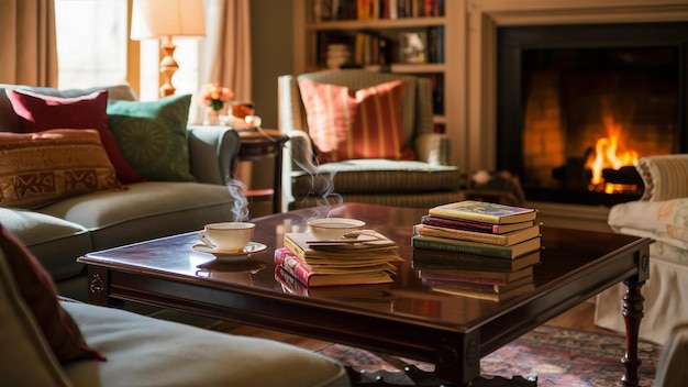 una mesa de café con libros en ella y un libro en la mesa