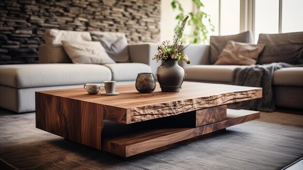 Mesa de café de madera en un mueble de estilo moderno en una casa de lujo