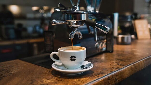 Una mesa para el café en el mostrador en una cafetería