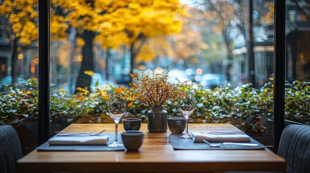 Mesa de café de otoño vista de la ciudad