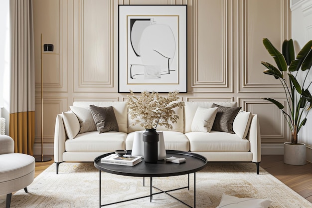 Mesa de café redonda Boho brillante en sofá de marfil cálido en espacios dinámicos franceses modernos