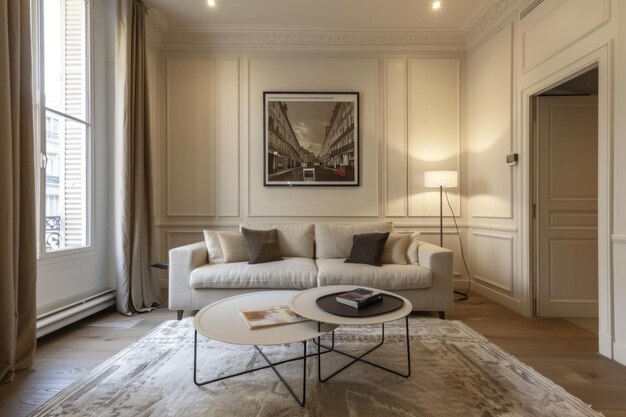 Mesa de café redonda de diseño moderno en sofá blanco de perla suave en diseño maximalista francés moderno
