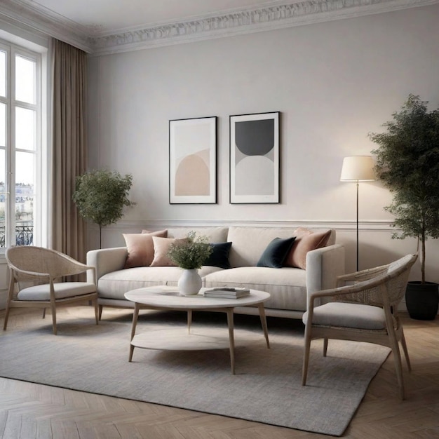 Foto mesa de café redonda de madera contra sofá blanco diseño interior escandinavo de la sala de estar moderna