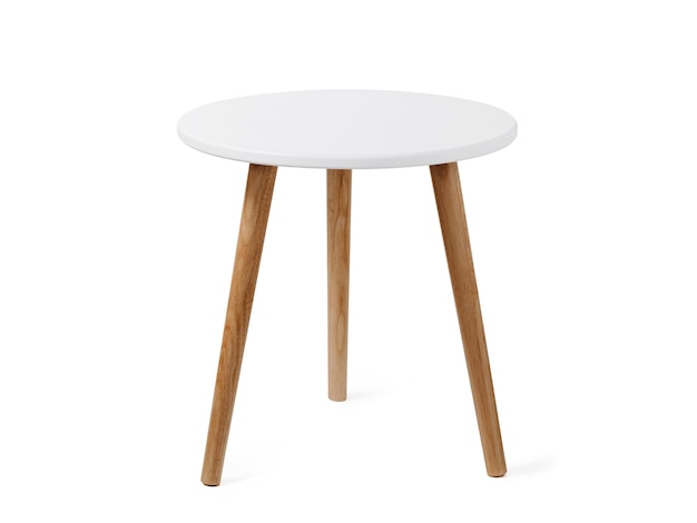 Foto mesa de café redonda o mesa de extremo en estilo escandinavo aislada sobre fondo blanco con camino de recorte mesa blanca redonda pequeña con 3 patas de madera sobre fondo blanco