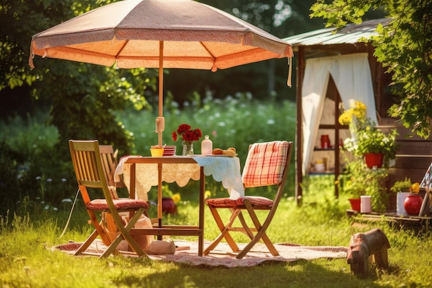 Mesa de café con silla y sombrilla en el jardín IA generativa