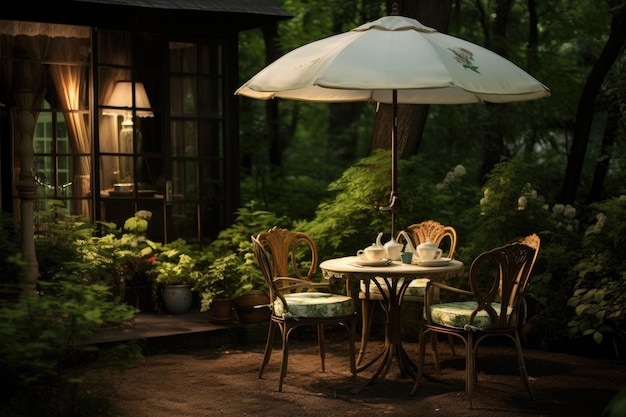 Mesa de café con silla y sombrilla en el jardín.