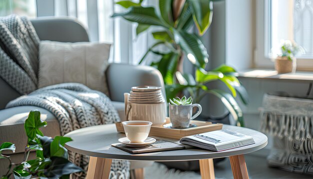 Mesa de café con taza de revistas de té y planta de interior cerca del sillón en la sala de estar