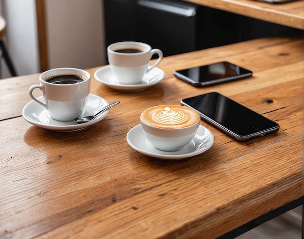 Foto una mesa con café y un teléfono