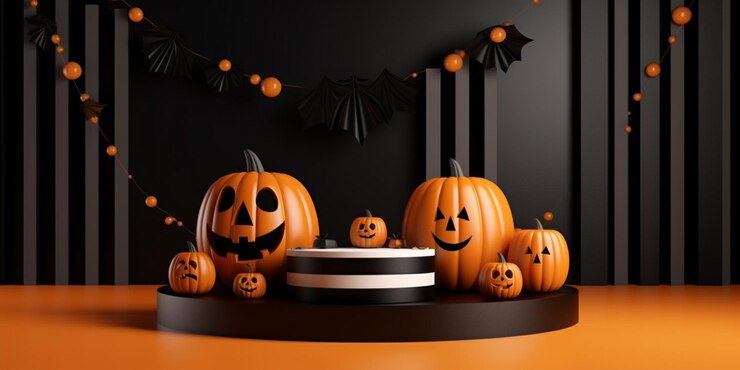 una mesa con calabazas y un fondo negro