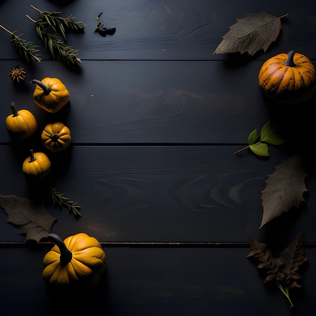 Una mesa con calabazas y hojas encima.