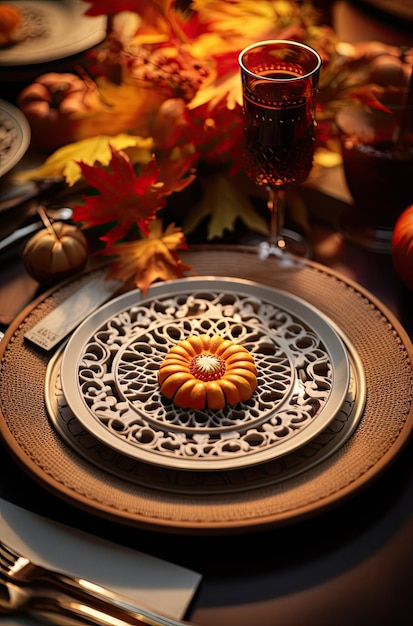 Foto una mesa con calabazas y hojas de otoño en el placemat para una fiesta de cena de otoño o cena de acción de gracias