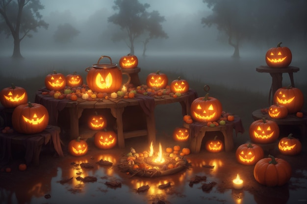 una mesa con calabazas y velas en una niebla misteriosa