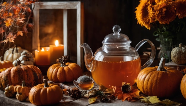 Una mesa con calabazas y velas con una tetera de té en ella