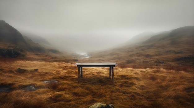 Una mesa en un campo con una montaña al fondo