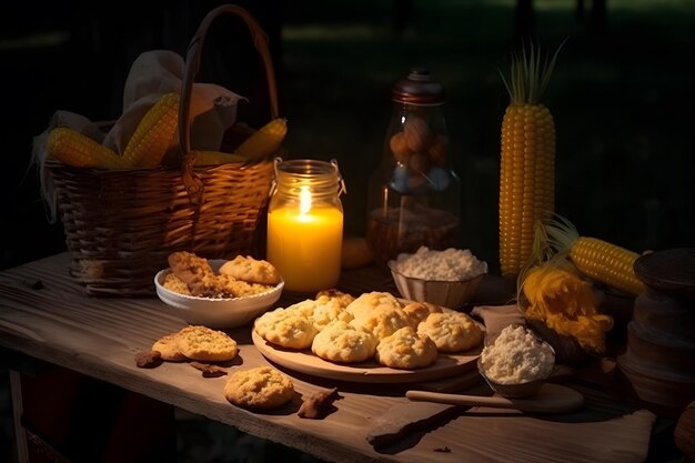 Una mesa con una canasta de comida y una vela en ella