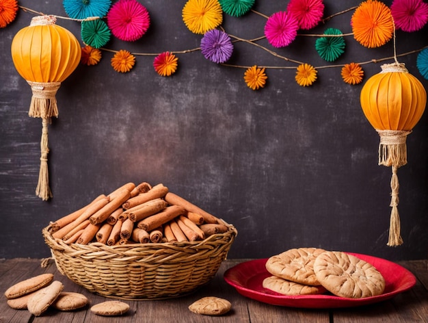una mesa con una canasta de coo kies y galletas en ella fiesta india feliz lohri con Lohri accesorios ho