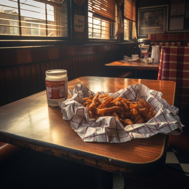 una mesa con una canasta de papas fritas y un frasco de mantequilla de maní