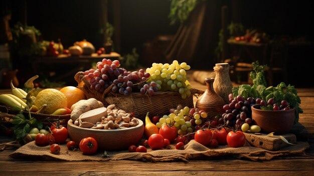 Foto una mesa con una canasta de uvas una canasa de uvas y una canasta de uvas