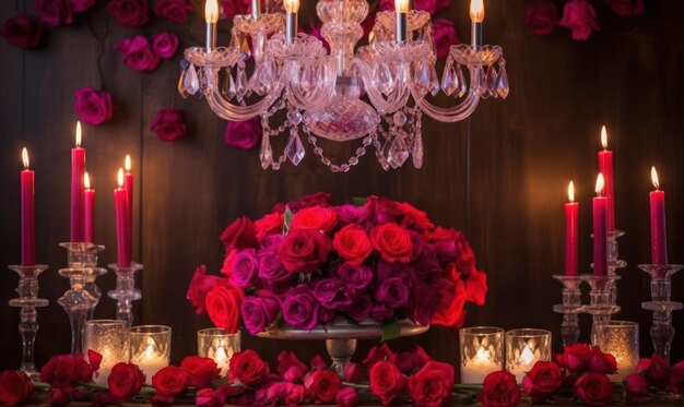 Foto una mesa con un candelabro y flores.