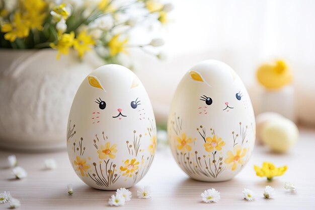 Mesa de celebración de Pascua con huevos y flores de primavera Interior del hogar con decoración festiva