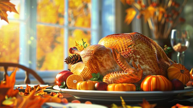 Foto mesa de cena de acción de gracias con calabazas de pavo asadas y hojas de otoño