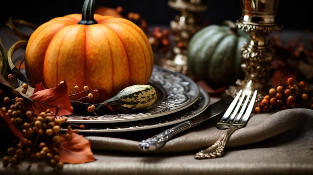 La mesa de la cena de Acción de Gracias de otoño con calabaza
