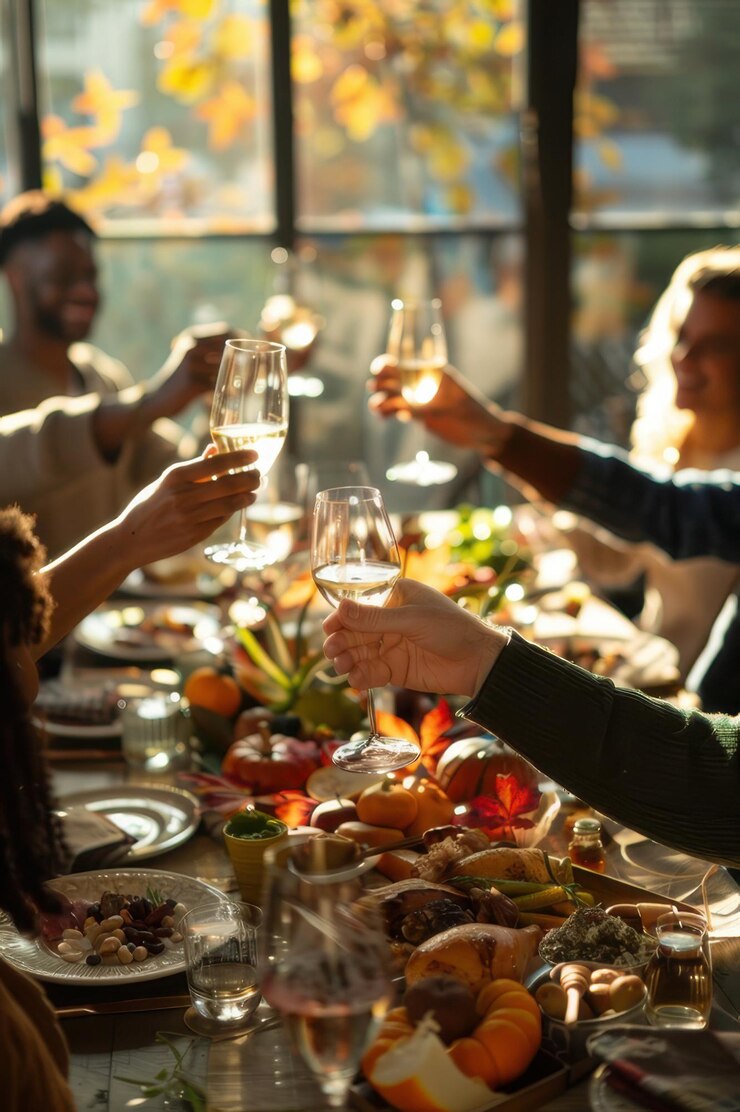 Mesa de cena de Acción de Gracias con pavo asado en el centro rodeada de calabazas con la familia reunida para el banquete de vacaciones
