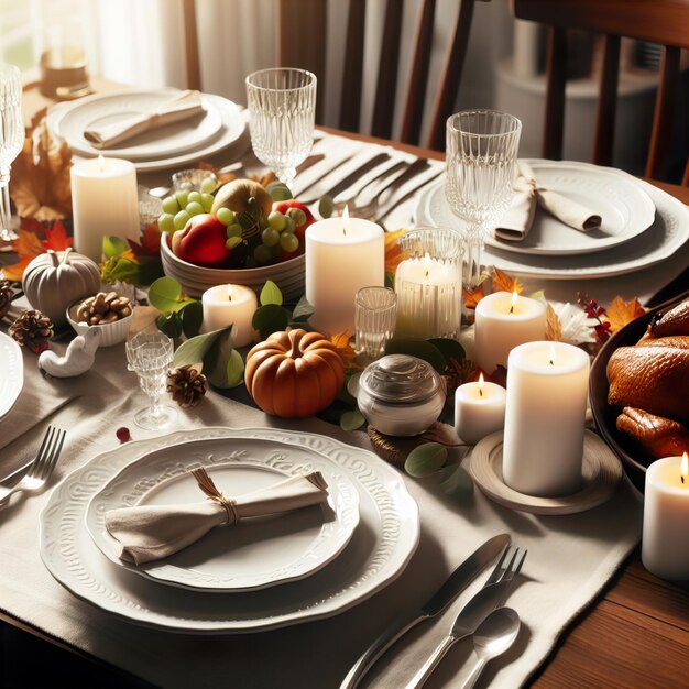 Una mesa de cena de Acción de Gracias con platos blancos