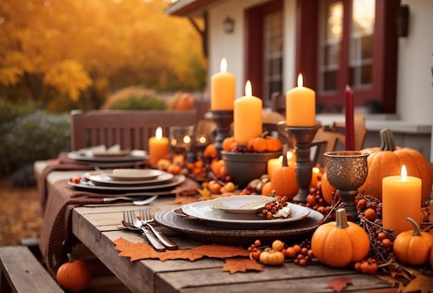 Mesa de cena al aire libre de otoño con flores y calabazas temporada de cosecha de otoño vertical rústica