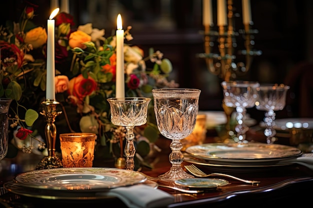 mesa de cena bañada en cálidas velas adornada con porcelana fina y vasos de cristal que muestran una deliciosa variedad de platos gourmet