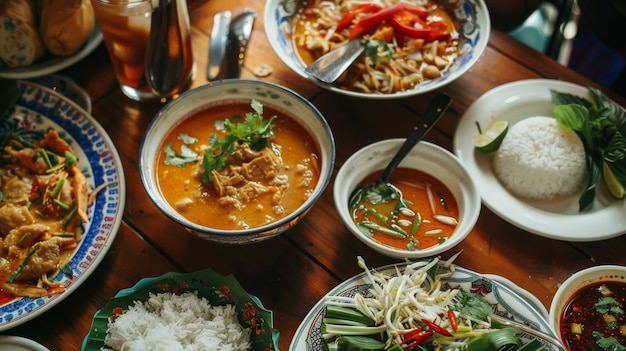 Una mesa de cena festiva adornada con cuencos de sopa Tom Yum Goong, arroz al vapor y otras delicias tailandesas que invitan a los comensales a disfrutar de un banquete