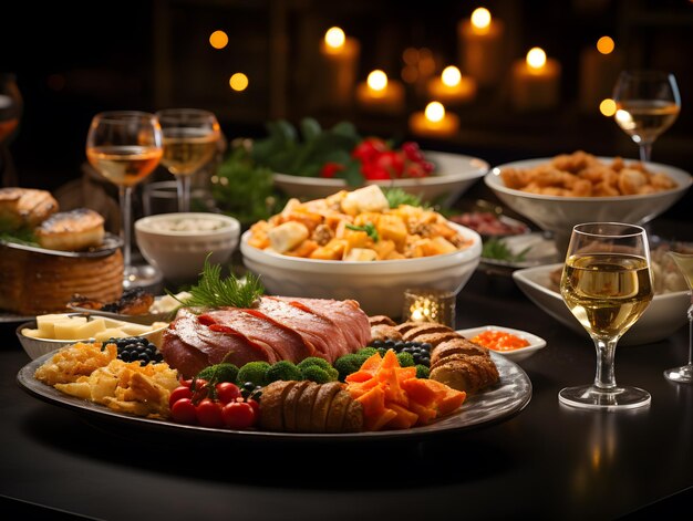 Mesa de cena de Navidad llena de platos con comida y bocadillos Decoración de Año Nuevo con un árbol de Navidad