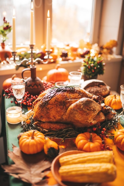 Mesa de cena navideña de acción de gracias con decoración de otoño y calabazas