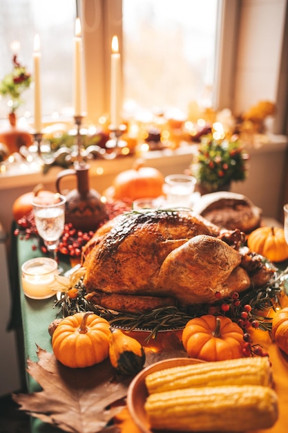 Mesa de cena navideña de acción de gracias con decoración de otoño y calabazas