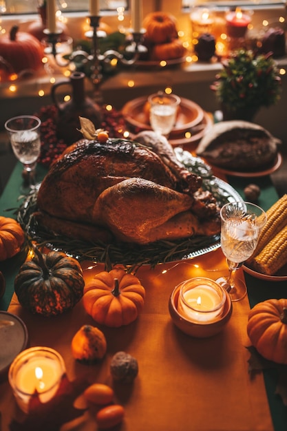 Mesa de cena navideña de acción de gracias con decoración de otoño y calabazas