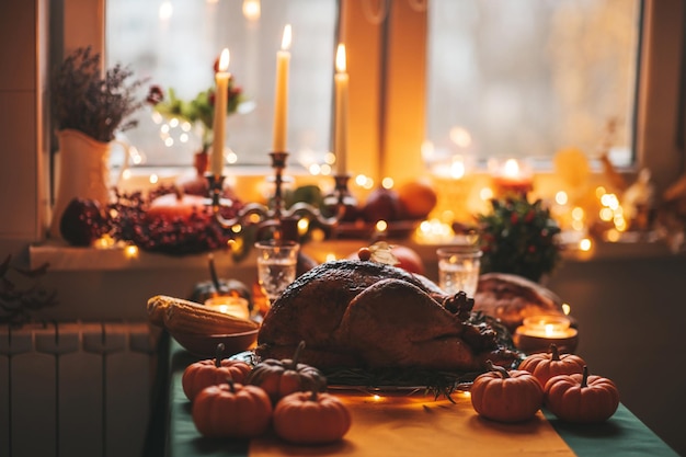 Mesa de cena navideña de acción de gracias con decoración de otoño y calabazas