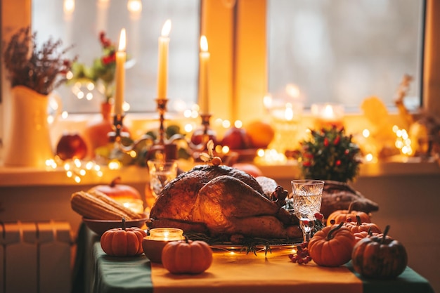 Mesa de cena navideña de acción de gracias con decoración de otoño y calabazas